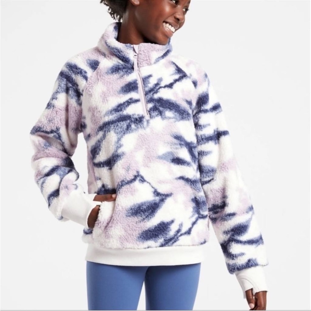 Athleta Girl So Snug Sherpa Printed Half Zip Jacket White, Purple, and Blue Camo